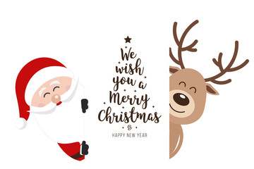 Santa and reindeer cute cartoon with greeting behind white banner isolated background. Christmas card