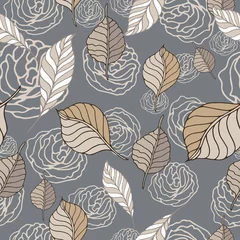 Behang Grijs naadloos patroon met bladeren en rozen