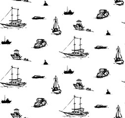 Seamless pattern with various boats. Brushpen and india ink. Inspired by seaside in Bodrum (Turkey)