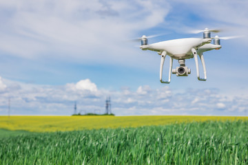drone quad copter on green corn field