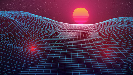 Synthwave Sunset Background. Starry sky, perspective grid terrain. 3d virtual computer scene. 80s sci-fi style. Cover, party flyer, banner or poster template. Stock vector illustration