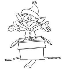 Outlined elf jumps from gift box