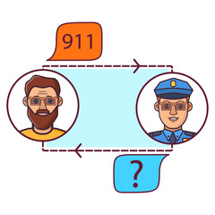 Call of police.Call 911, emergency call concept.Police officer's conversation with the man.Incoming voice call.Concept of design of the mobile application. Flat vector.