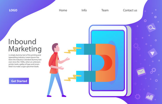 Inbound marketing attracting online customers. Magnet attracts the young people guy in the smartphone.Vector banner with a gradient.Landing page interface design template.Web page.On-line marketing