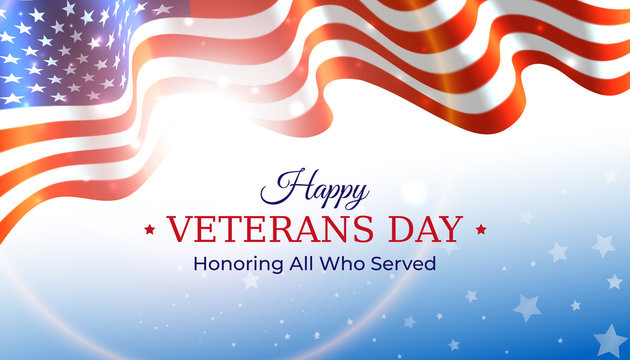 Happy veterans day banner. Waving american flag on blue sky background with stars. US national day november 11. Poster, typography design, vector illustration