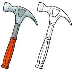 Cartoon metal nail puller hammer with orange plastic handle. Isolated on white background. Vector icon for coloring.
