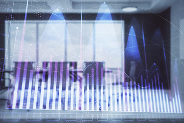 Double exposure of forex chart on conference room background. Concept of stock market analysis
