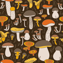 Vector seamless pattern of mushrooms on a brown background - 300736730