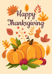 Happy Thanksgiving flat illustration with calligraphic inscription