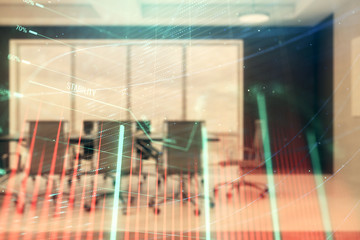 Double exposure of forex chart on conference room background. Concept of stock market analysis