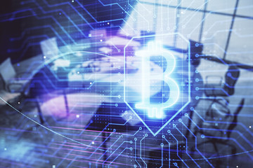 Blockchain theme hologram on conference room background. Double exposure. Concept of cryptocurrency