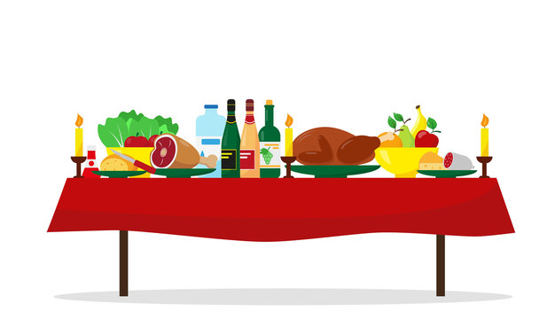 Christmas food on the table. Family holiday dinner table. Vector  illustration. Stock Vector | Adobe Stock