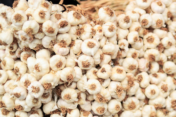 Hundreds of garlic in a market, garlic background