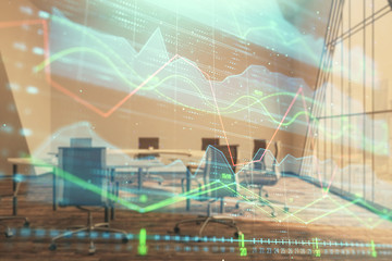 Multi exposure of stock market graph on conference room background. Concept of financial analysis