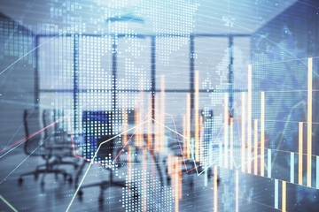 Double exposure of stock market graph with globe hologram on conference room background. Concept of international finance