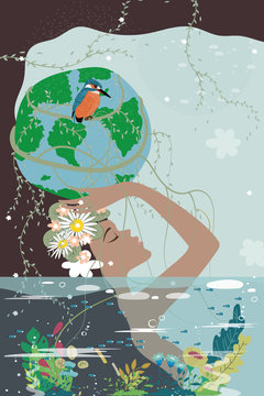 Mother Earth Day Poster With Nature Beauty Woman Holding Planet, World Environment Day Background, Save The Earth Or Green Day Concept