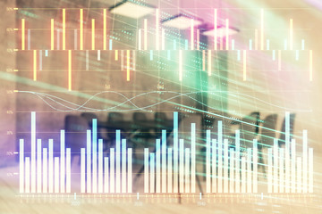 Multi exposure of stock market graph on conference room background. Concept of financial analysis