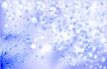 Winter blue background with a frozen branch, transparent circles, snowflakes and highlights