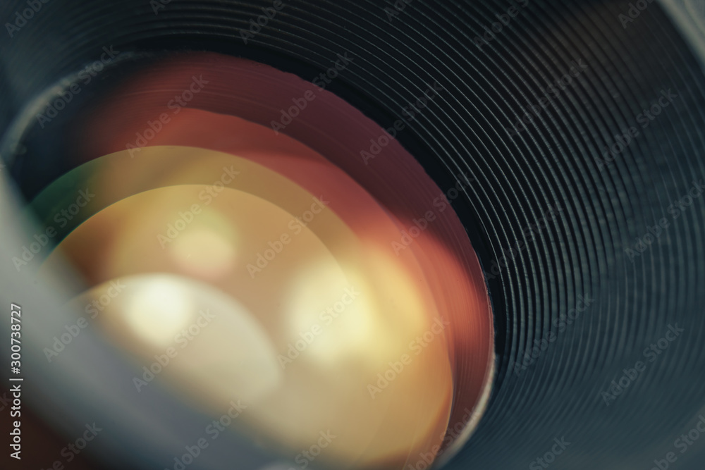 Poster Close up Beautiful Camera Lens with reflection  background. Macro view.