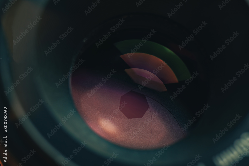 Poster close up beautiful camera lens with reflection background. macro view.
