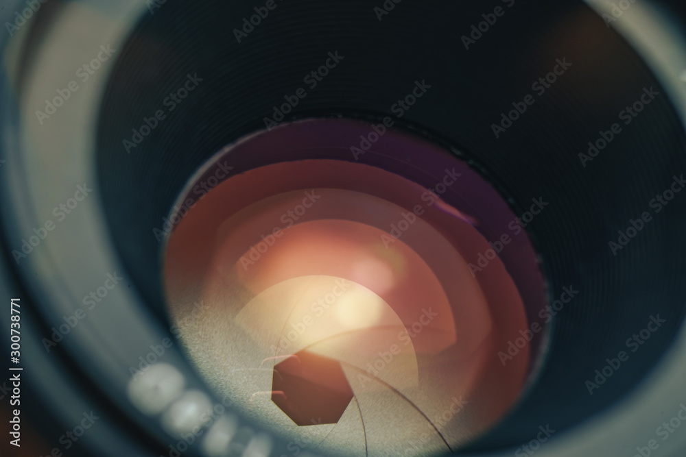 Poster close up beautiful camera lens with reflection background. macro view.