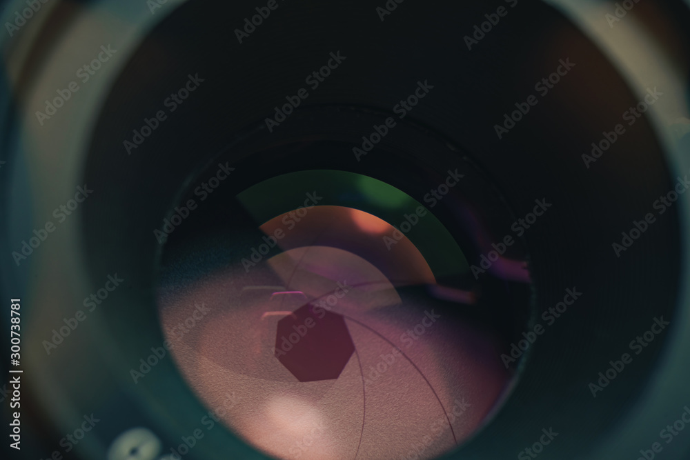 Poster close up beautiful camera lens with reflection background. macro view.