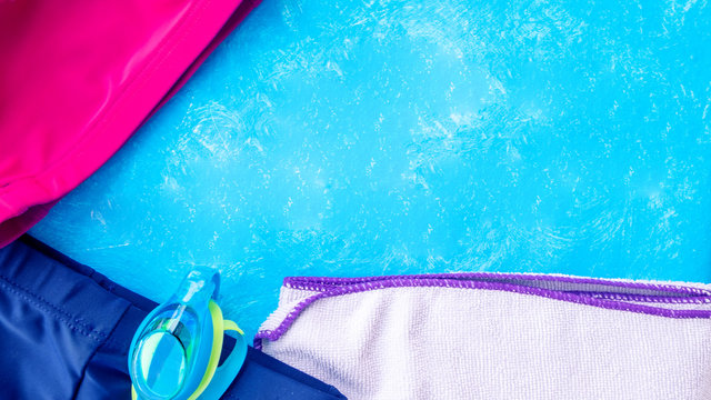 Accessories for swimming pool on a blue background