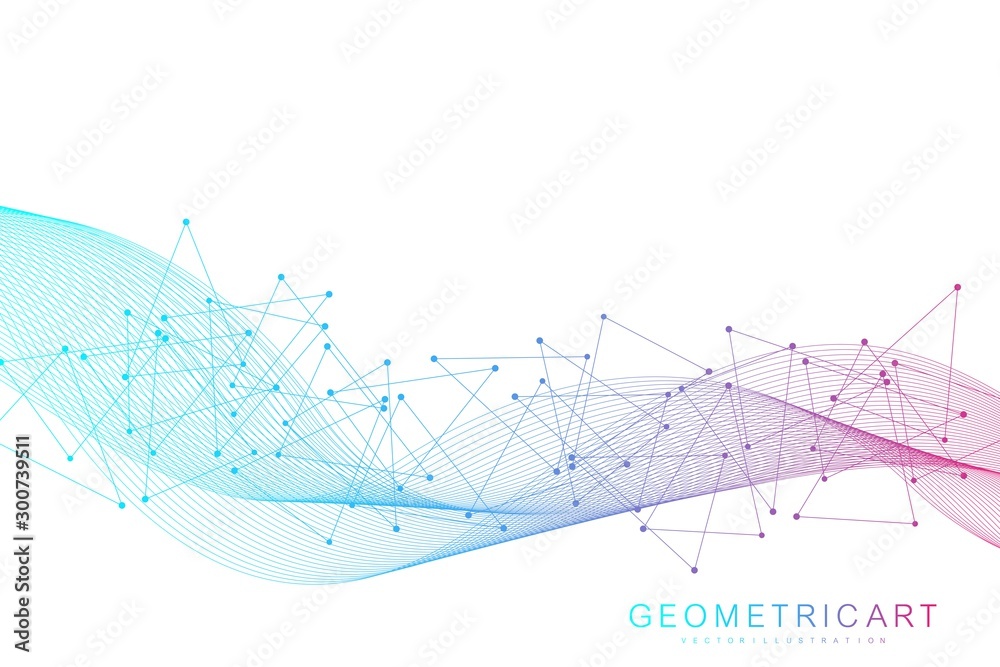 Poster geometric abstract background with connected line and dots. structure molecule and communication. bi