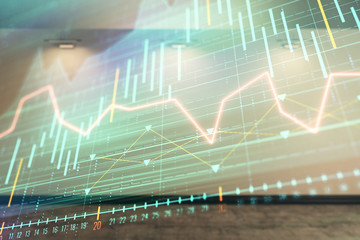Double exposure of financial graph on empty room interior background. Forex market concept.