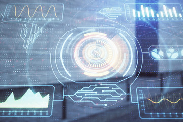 Double exposure of abstract tech hologram on empty exterior background.