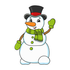 Cheerful snowman. Cute character. Colorful vector illustration. Cartoon style. Isolated on white background. Design element. Template for your design, books, stickers, cards, posters, clothes.