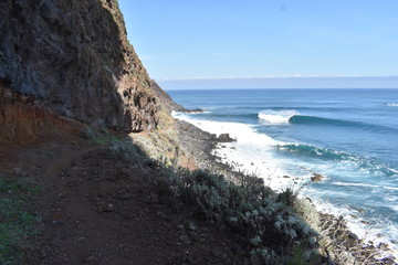 Hiking trail to Sao Lourenco with the blue ocean in Madeira, Portugal