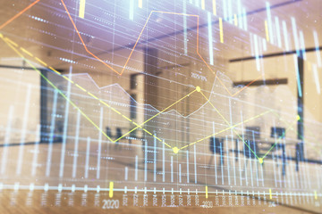 Stock and bond market graph with trading desk bank office interior on background. Multi exposure. Concept of financial analysis