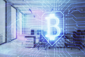 Cryptocurrency theme drawing with office interior background. Double exposure. Concept of blockchain.
