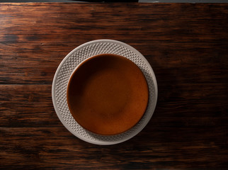 mesa y plato  redondo vacío ,cenital. Empty round table and plate, zenithal