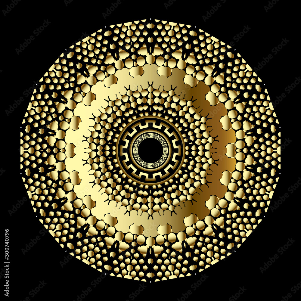 Wall mural 3d gold round dotted stipple mandala pattern. ornamental surface geometric greek background. gold fl