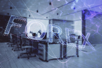 Stock market chart with trading desk bank office interior on background. Double exposure. Concept of financial analysis