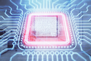 Human brain drawing with office interior on background. Double exposure. Concept of innovation.