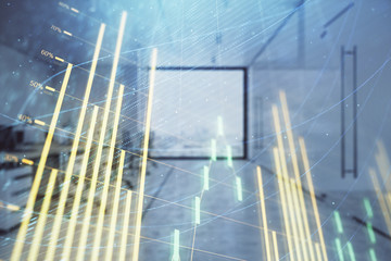 Stock market chart with trading desk bank office interior on background. Double exposure. Concept of financial analysis