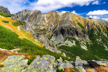 Autumn view of sunny mountains in High Tatras