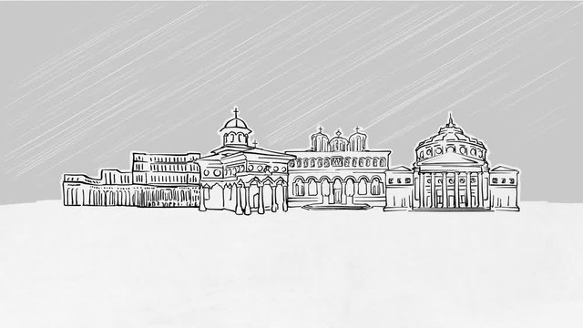 Bucharest, Romania, Panorama Sketch Selfdrawing Lines