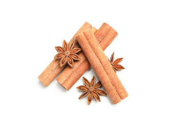 Cinnamon sticks and fragrant anise isolated on white background
