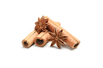 Cinnamon sticks and fragrant anise isolated on white background