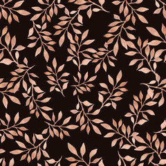 Pale pink branches with leaves on dark maroon-brown background. Seamless beautiful pattern. Hand-painted botanical illustration.