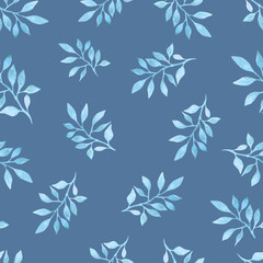 Fototapeta na wymiar Cold and frozen branches with leaves on calm blue background. Seamless watercolor pattern.