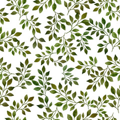 Watercolor seamless natural pattern. Bright green branches with leaf on white background.