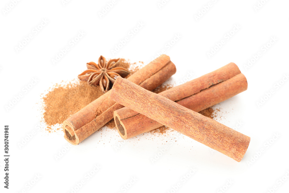 Poster cinnamon powder, sticks and anise isolated on white background