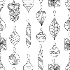 Christmas decorations seamless pattern. Hand drawn coloring page. Vector illustration.