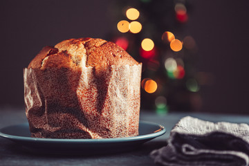 Christmas cake panettone and Christmas decorations.