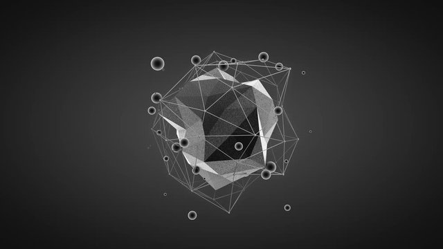 Pulsating 3D black crystal surrounded by a nuclear grid and a plurality of balls. 4K animation for futuristic outposts in the fantasy genre, desktops, and banners.